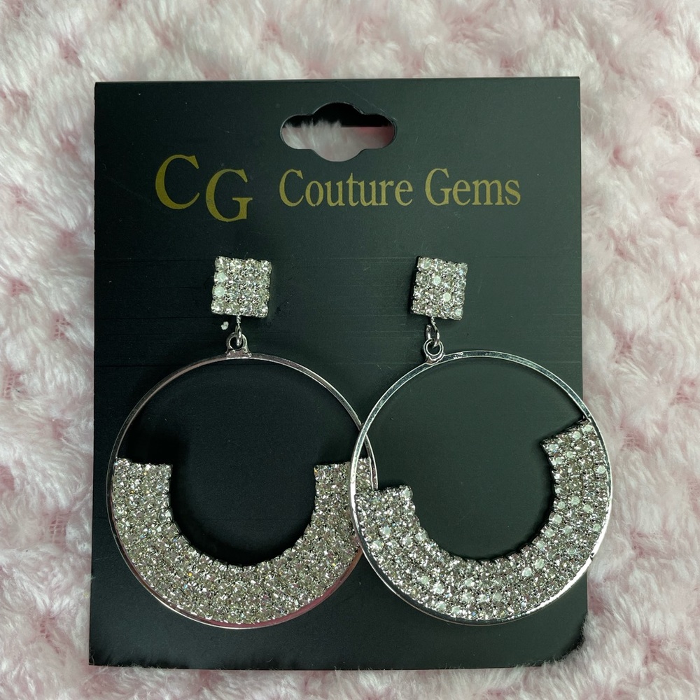 Silver Half Rhinestone Statement Earrings
